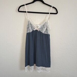 Y2K Large Navy Babydoll Top Sheer Lace Bow Dainty Feminine Coquette Soft Girl